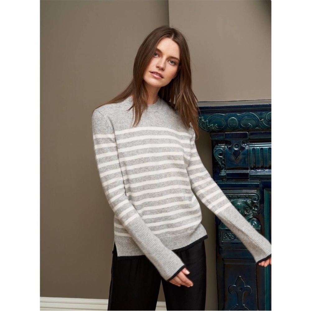 La Ligne Sweater Lean Lines Crewneck in Grey Cream Striped Cashmere